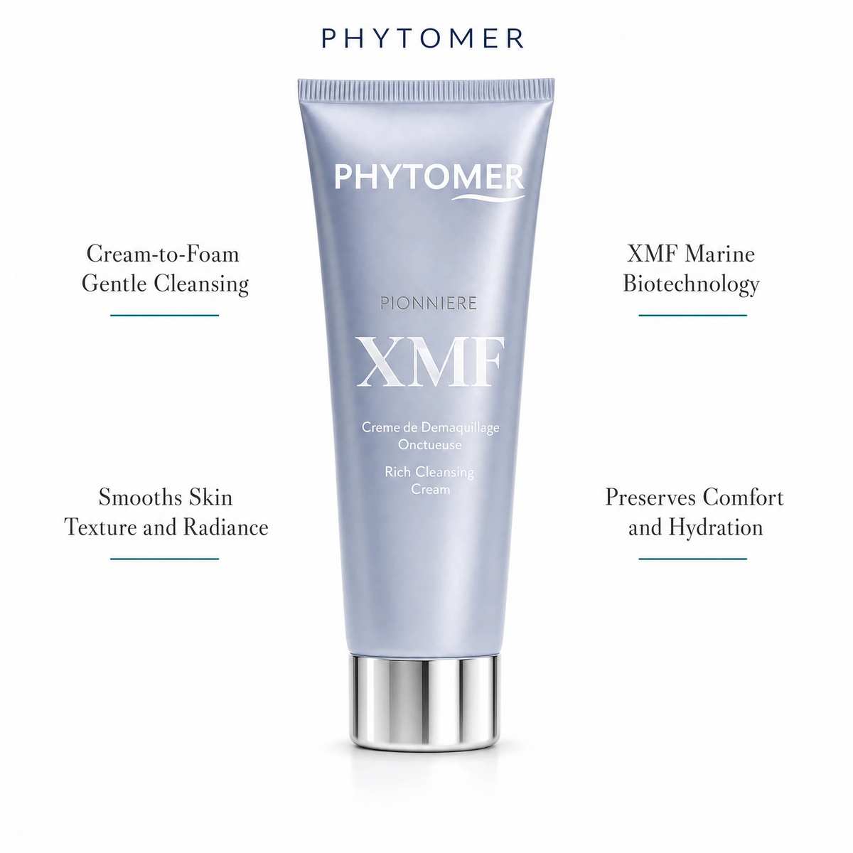 Phytomer Pionniere XMF Rich Cleansing Cream 150ml with four benefit callouts: Cream-to-Foam Gentle Cleansing, Smooths Skin Texture and Radiance, XMF Marine Biotechnology, Preserves Comfort and Hydration