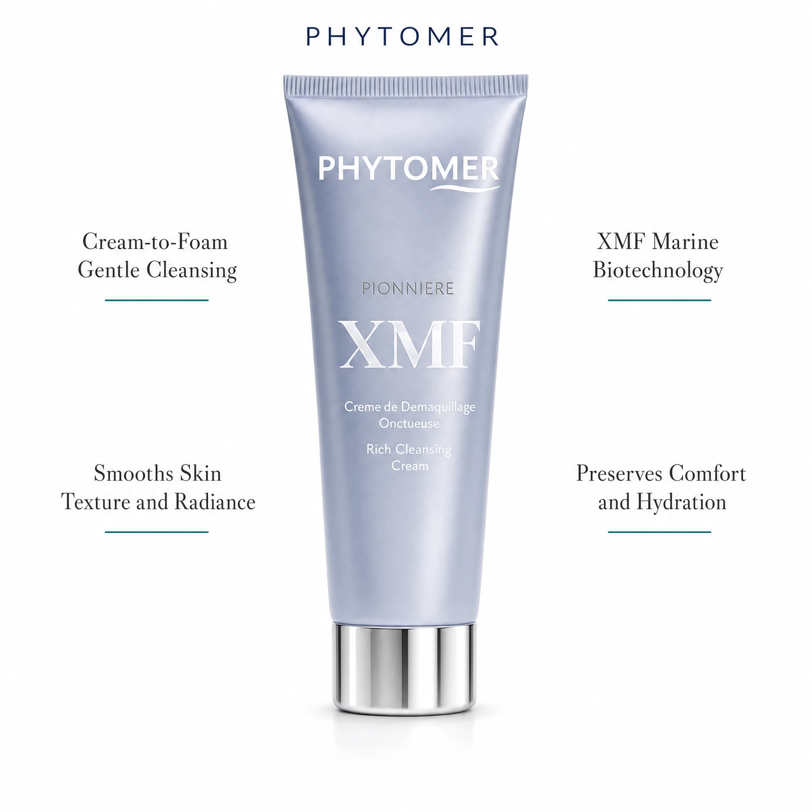 Phytomer Pionniere XMF Rich Cleansing Cream 150ml with four benefit callouts: Cream-to-Foam Gentle Cleansing, Smooths Skin Texture and Radiance, XMF Marine Biotechnology, Preserves Comfort and Hydration