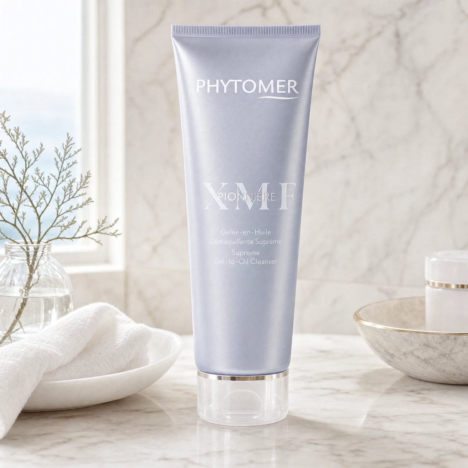Phytomer Pionniere XMF Supreme Gel-to-Oil Cleanser 150ml in a light blue squeeze tube, set on a marble countertop with a white towel, a glass vase with dried stems, and a small bowl in the background.