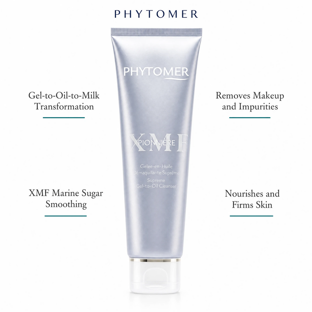 Phytomer Pionniere XMF Supreme Gel-to-Oil Cleanser 150ml in a metallic silver squeeze tube with a clear cap, centered on a white background with descriptive text callouts.