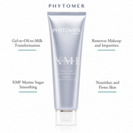 Phytomer Pionniere XMF Supreme Gel-to-Oil Cleanser 150ml in a metallic silver squeeze tube with a clear cap, centered on a white background with descriptive text callouts.