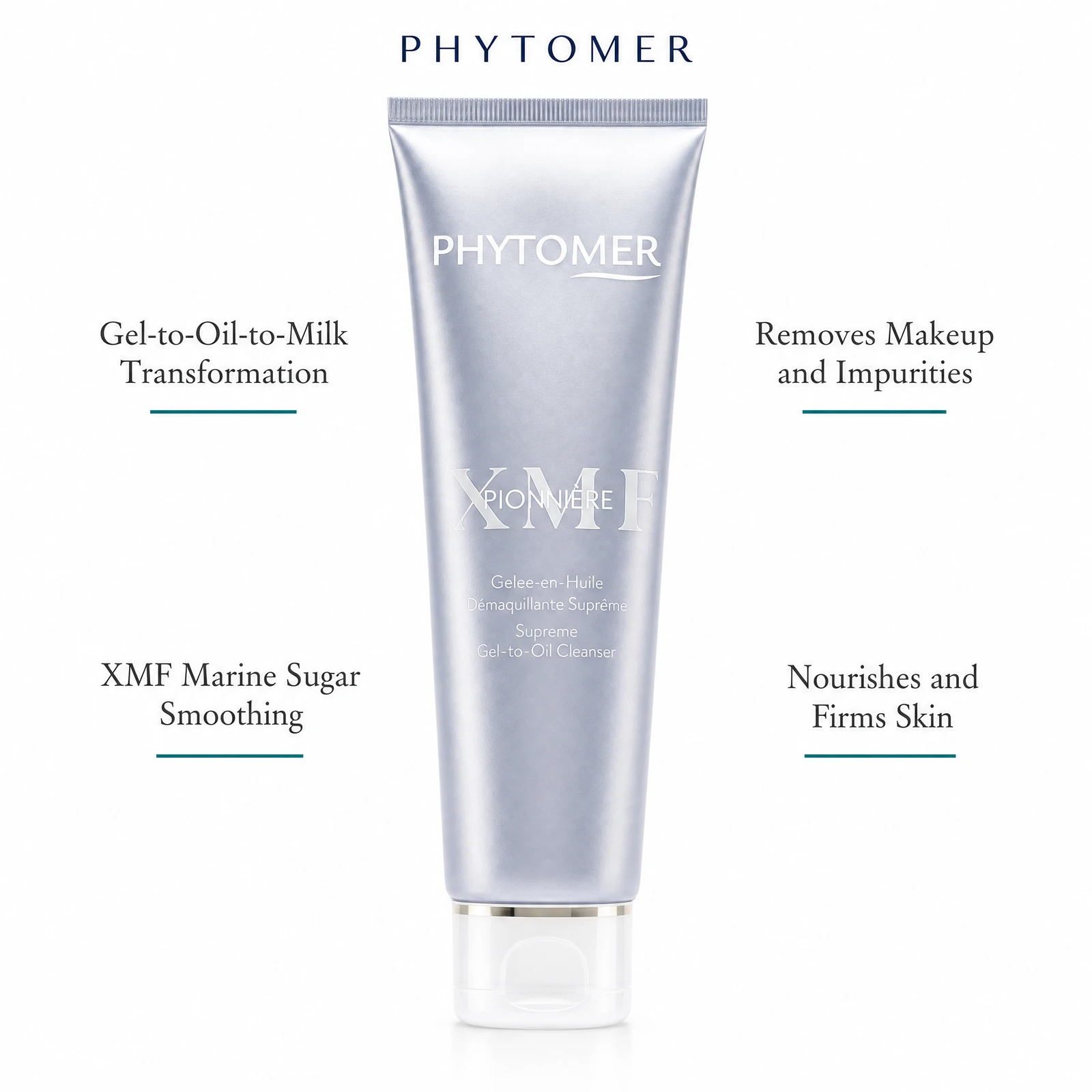 Phytomer Pionniere XMF Supreme Gel-to-Oil Cleanser 150ml in a metallic silver squeeze tube with a clear cap, centered on a white background with descriptive text callouts.
