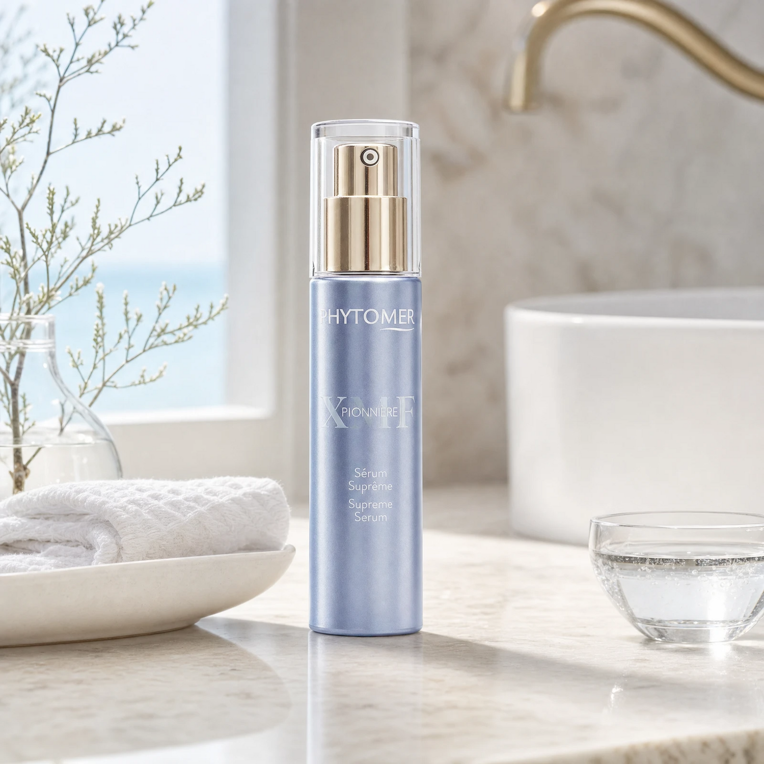Phytomer Pionniere XMF Wrinkle and Dark Spot Supreme Serum 30ml on a marble bathroom vanity with coastal botanical in glass vessel, white ceramic dish and glass of water, premium at-home skincare setting