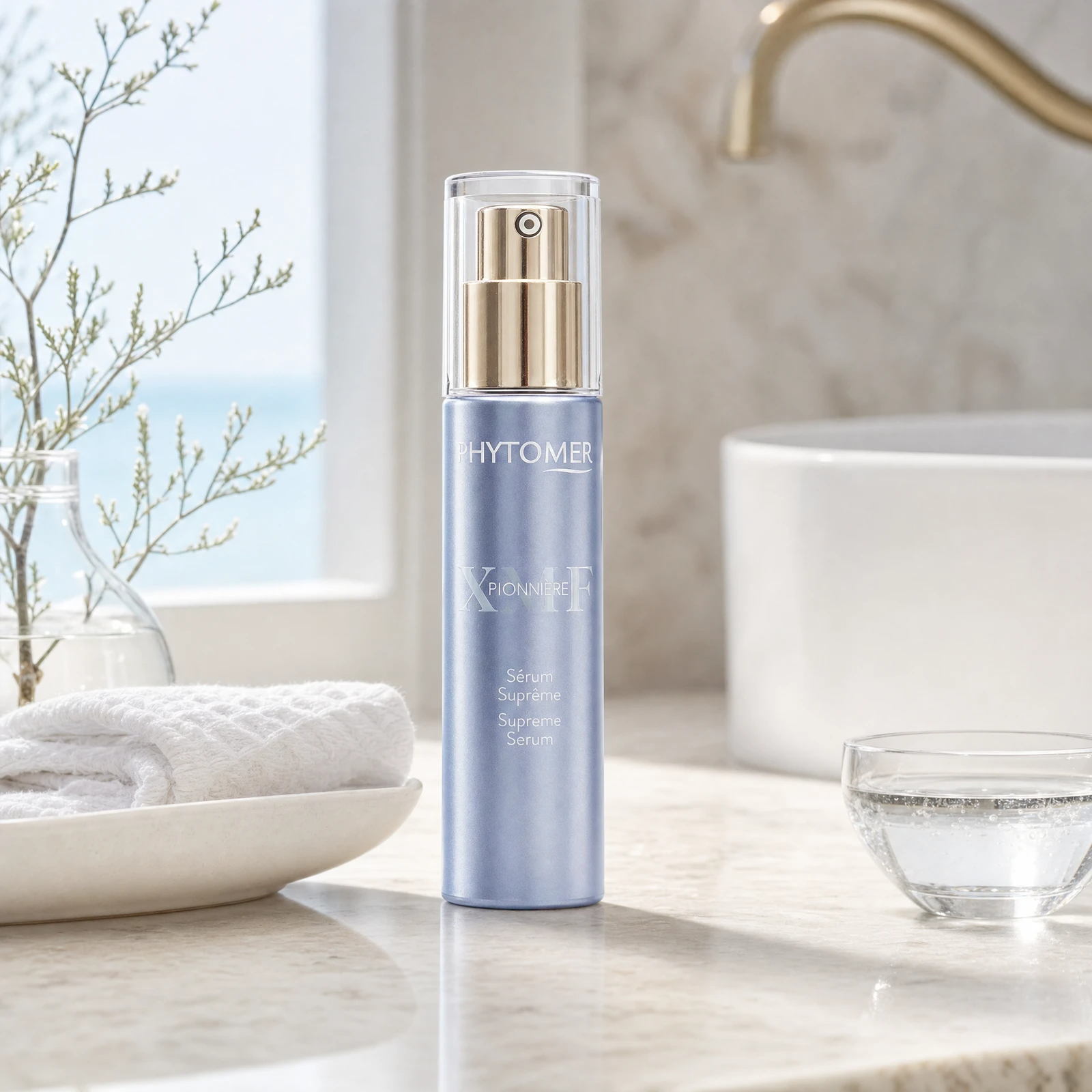 Phytomer Pionniere XMF Wrinkle and Dark Spot Supreme Serum 30ml on a marble bathroom vanity with coastal botanical in glass vessel, white ceramic dish and glass of water, premium at-home skincare setting