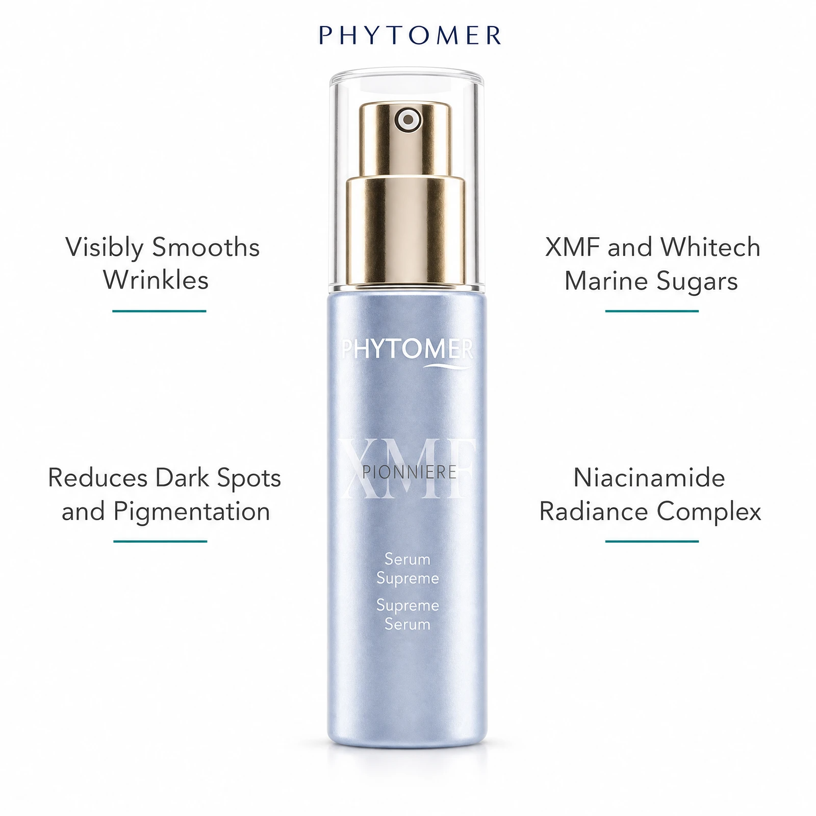 Phytomer Pionniere XMF Wrinkle and Dark Spot Supreme Serum 30ml with four benefit callouts: Visibly Smooths Wrinkles, Reduces Dark Spots and Pigmentation, XMF and Whitech Marine Sugars, Niacinamide Radiance Complex