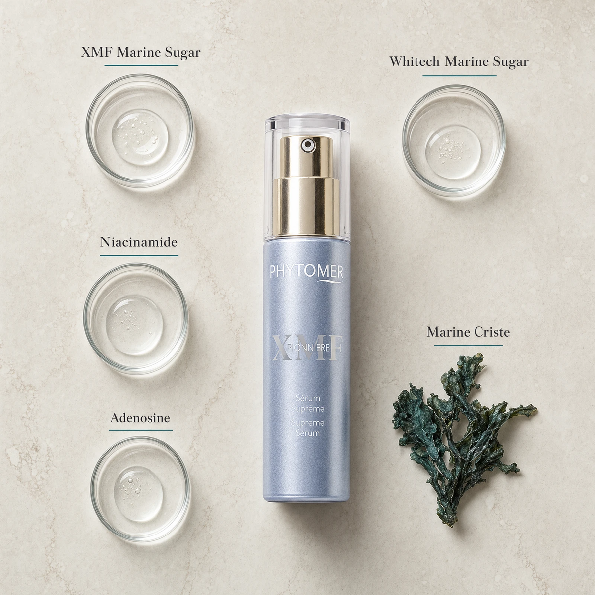Phytomer Pionniere XMF Wrinkle and Dark Spot Supreme Serum 30ml flatlay on limestone surface with XMF Marine Sugar, Whitech Marine Sugar, Niacinamide, Adenosine, and Marine Criste