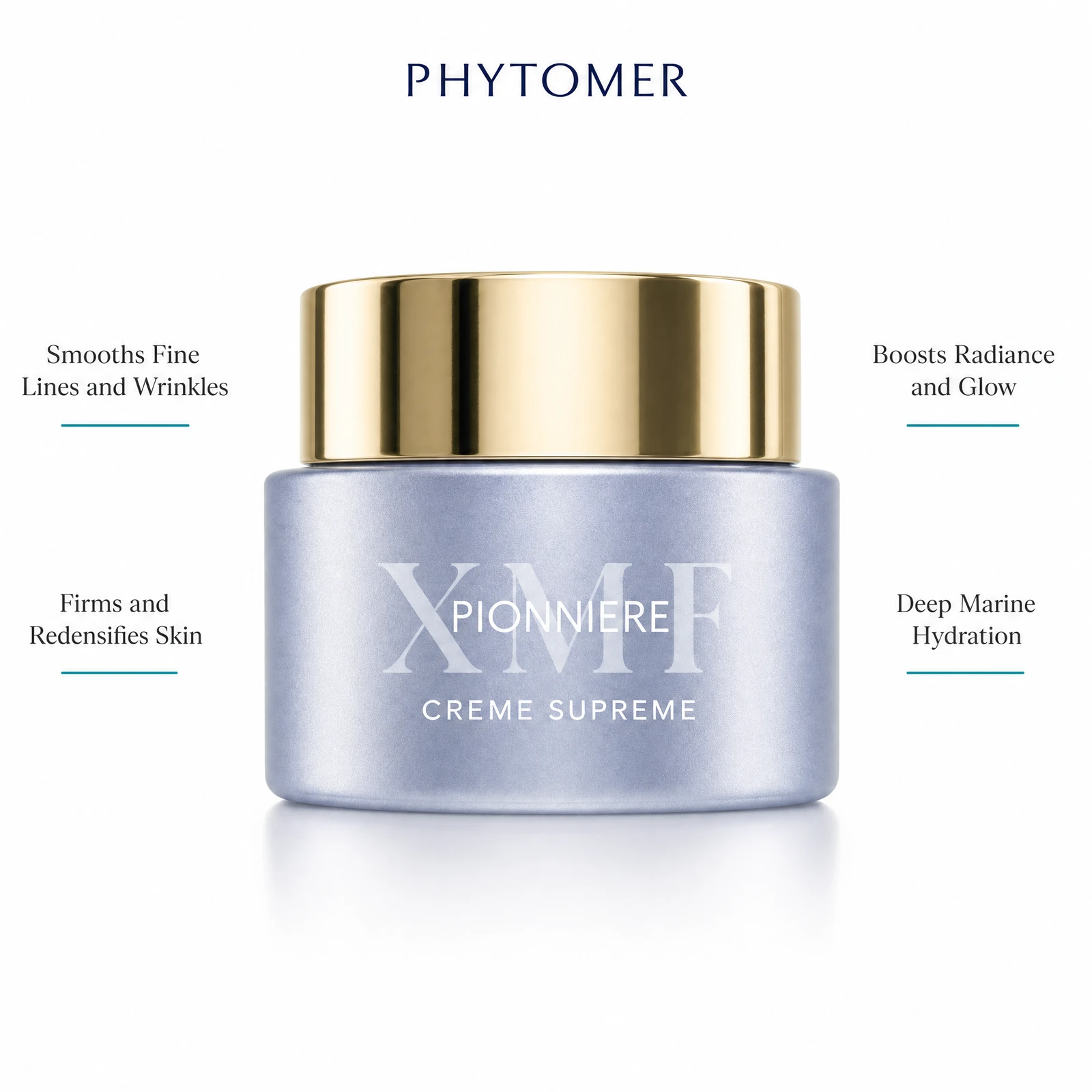 Phytomer Pionniere XMF Youth and Glow Supreme Cream with four benefit callouts: Smooths Fine Lines and Wrinkles, Firms and Redensifies Skin, XMF Marine Sugar Complex, Boosts Radiance and Glow