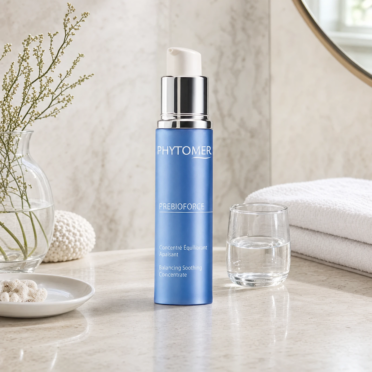 Phytomer Prebioforce Balancing Soothing Concentrate 30ml on a marble bathroom vanity with coastal botanicals in glass vessel, white towels and ceramic dish, premium at-home skincare setting