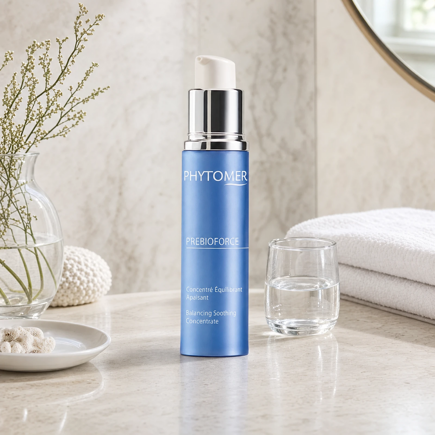 Phytomer Prebioforce Balancing Soothing Concentrate 30ml on a marble bathroom vanity with coastal botanicals in glass vessel, white towels and ceramic dish, premium at-home skincare setting
