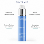 Phytomer Prebioforce Balancing Soothing Concentrate 30ml with four benefit callouts: Rebalances Skin Microbiota, Reduces Redness and Irritation, Marine Prebiotic Complex, Strengthens Skin Resilience