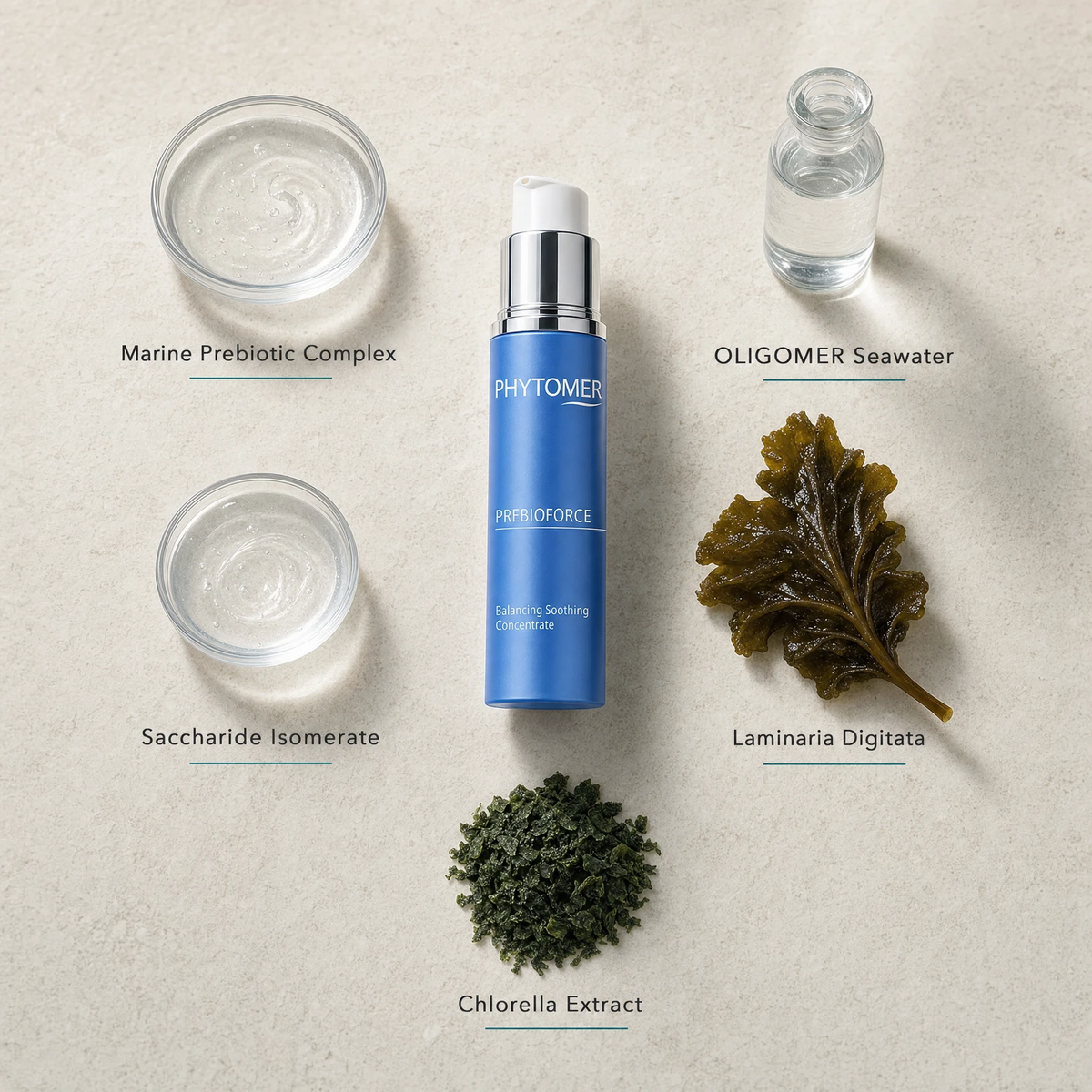 Phytomer Prebioforce Balancing Soothing Concentrate 30ml flatlay on limestone surface with Marine Prebiotic Complex, OLIGOMER Seawater, Saccharide Isomerate, Laminaria Digitata, and Chlorella Extract