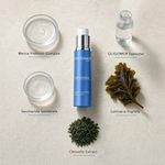 Phytomer Prebioforce Balancing Soothing Concentrate 30ml flatlay on limestone surface with Marine Prebiotic Complex, OLIGOMER Seawater, Saccharide Isomerate, Laminaria Digitata, and Chlorella Extract