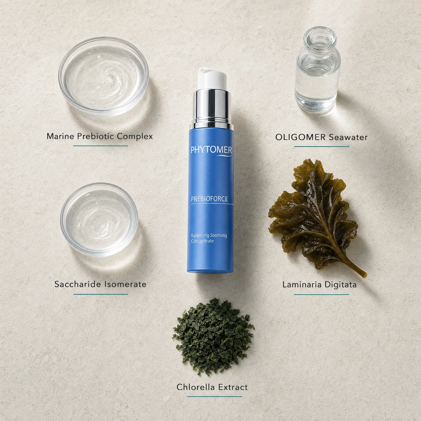 Phytomer Prebioforce Balancing Soothing Concentrate 30ml flatlay on limestone surface with Marine Prebiotic Complex, OLIGOMER Seawater, Saccharide Isomerate, Laminaria Digitata, and Chlorella Extract