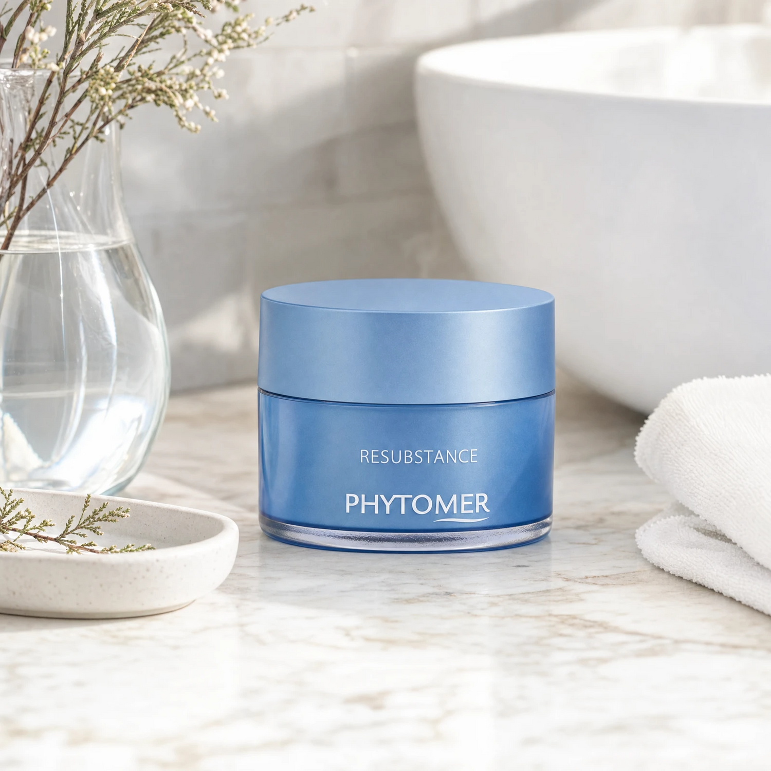 Phytomer Resubstance Skin Resilience Rich Cream 50ml on a marble bathroom counter with gypsophila in glass carafe, white ceramic tray with botanical, white waffle towel and round basin in background, premium at-home skincare setting
