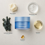 Phytomer Resubstance Skin Resilience Rich Cream 50ml flatlay on limestone surface with Shea Butter, Hyaluronic Acid, Laminaria Digitata, Squalane, and Vitamin E