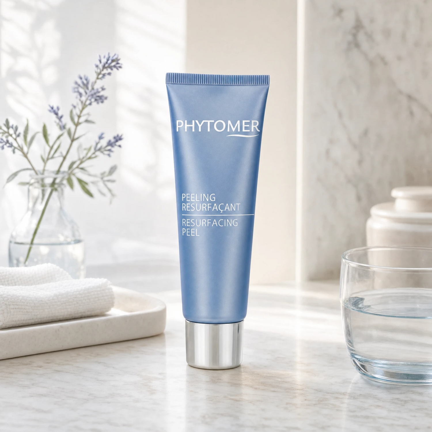 Phytomer Resurfacing Peel 50ml on a marble bathroom vanity with lavender sprig, glass vessel, white towels and ceramic tray, premium at-home skincare setting