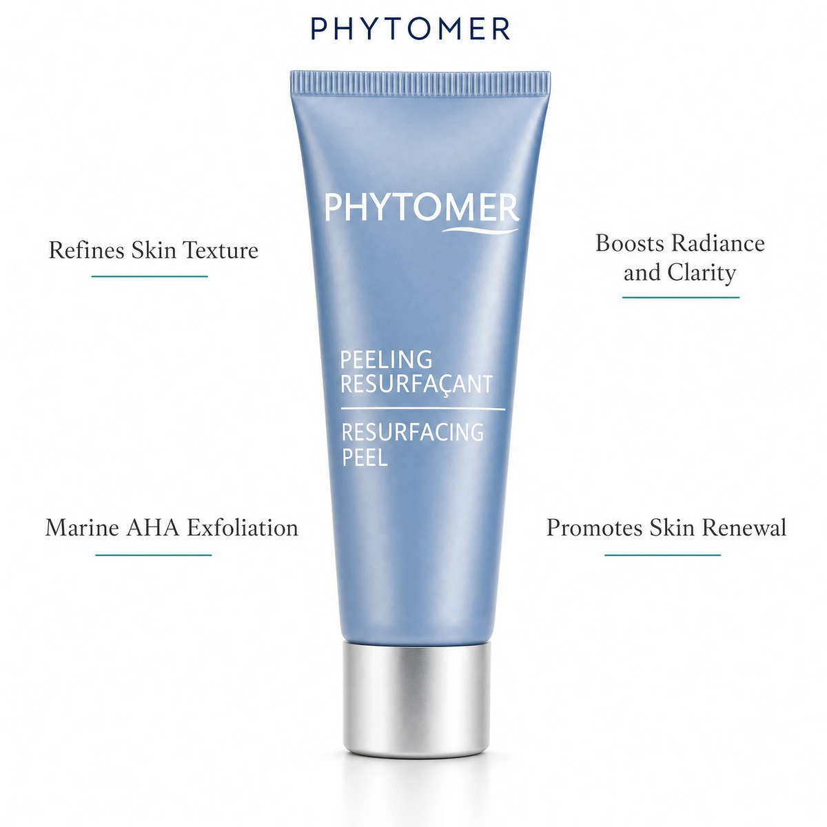 Phytomer Resurfacing Peel 50ml with four benefit callouts: Refines Skin Texture, Marine AHA Exfoliation, Boosts Radiance and Clarity, Promotes Skin Renewal