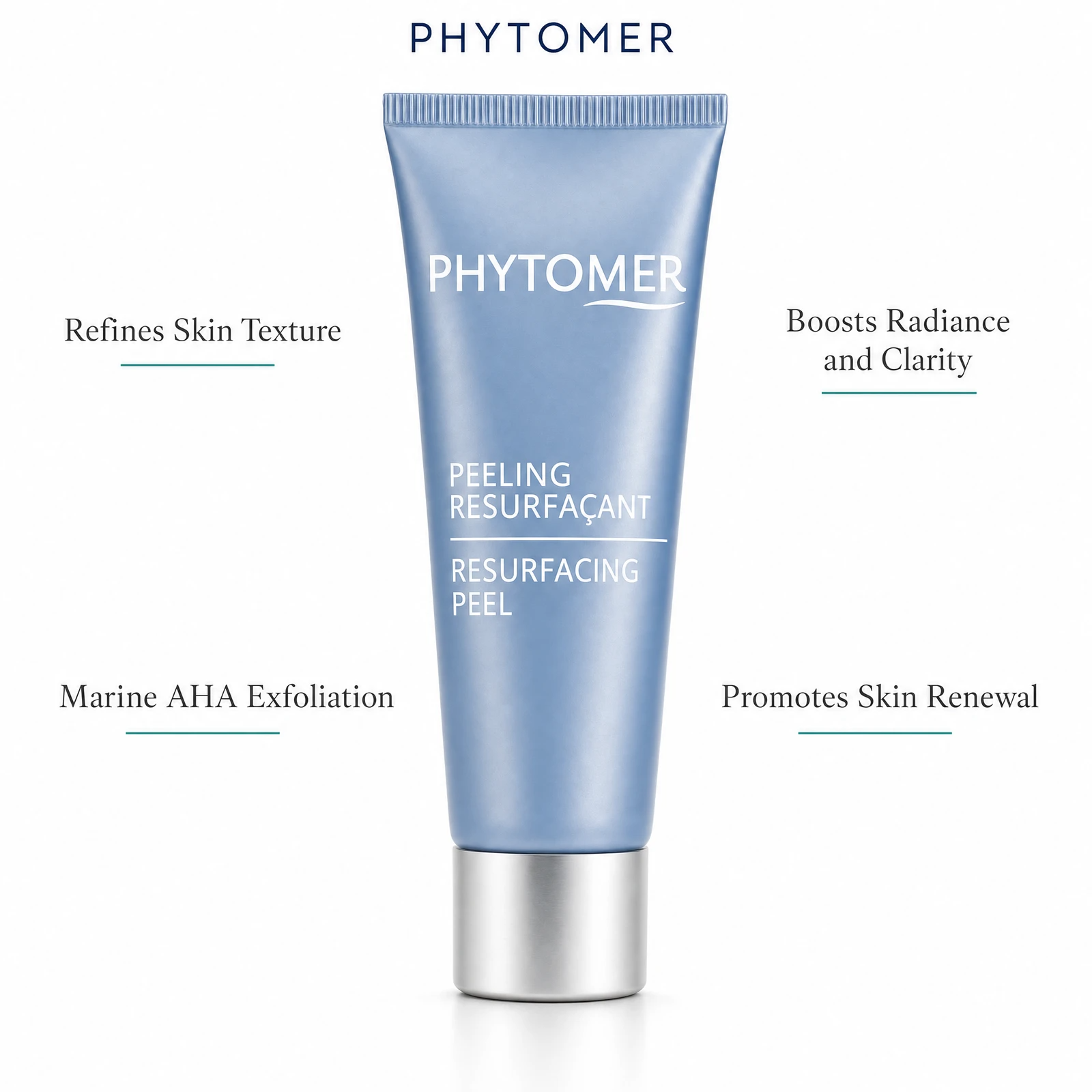 Phytomer Resurfacing Peel 50ml with four benefit callouts: Refines Skin Texture, Marine AHA Exfoliation, Boosts Radiance and Clarity, Promotes Skin Renewal