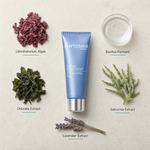 Phytomer Resurfacing Peel 50ml flatlay on limestone surface with Lithothamnium Algae, Bacillus Ferment, Chlorella Extract, Salicornia Extract, and Lavender Extract