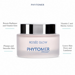 Phytomer Rosée Glow Vitamin Radiance Plumping Cream with four benefit callouts: Boosts Radiance and Vitamin Glow, Plumps and Smooths Skin, Vitamin C and Marine Actives, Leaves Skin Dewy and Luminous