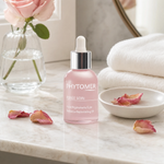 Phytomer Rosée Glow Vitamin Radiance Plumping Cream on a marble bathroom counter with fresh pink rose, scattered rose petals, glass carafe with water, white waffle towel and round mirror, premium at-home skincare setting