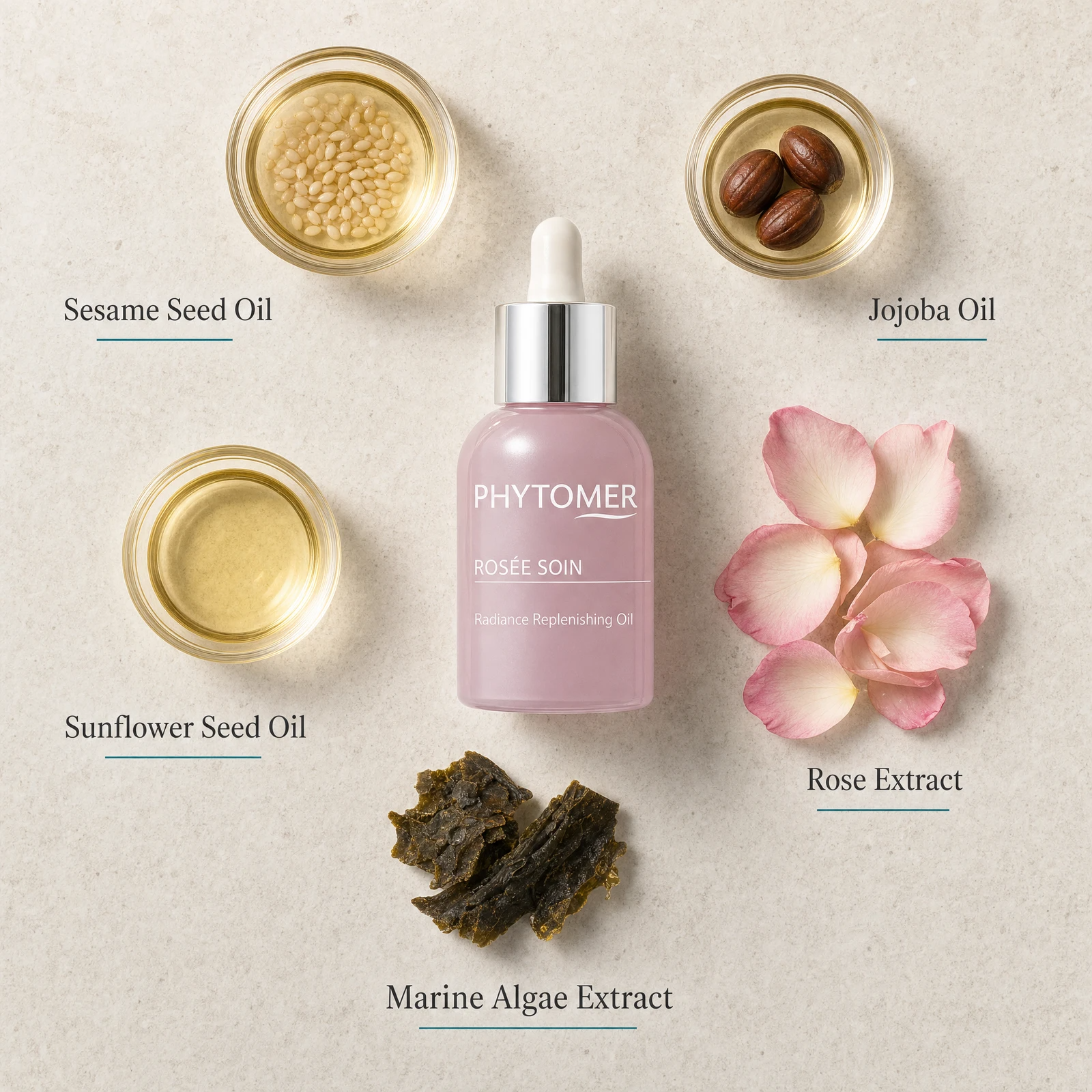 Phytomer Rosee Soin Radiance Replenishing Oil 30ml flatlay on limestone surface with Sesame Seed Oil, Jojoba Oil, Sunflower Seed Oil, Rose Extract, and Marine Algae Extract