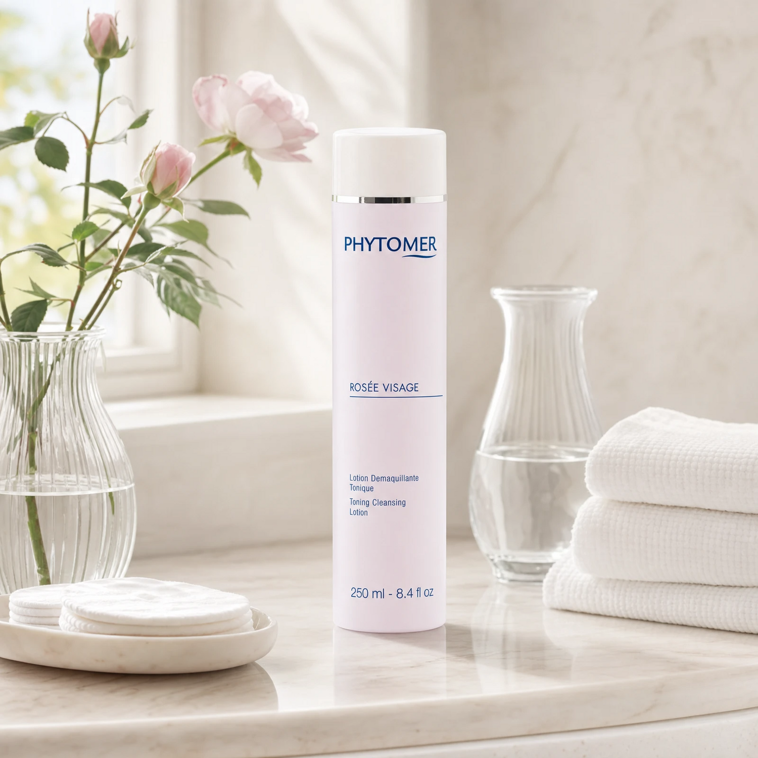 Phytomer Rosee Visage Toning Cleansing Lotion 250ml on a marble bathroom vanity with cotton pads, white towels, glass vessel and fresh rose, premium at-home skincare setting