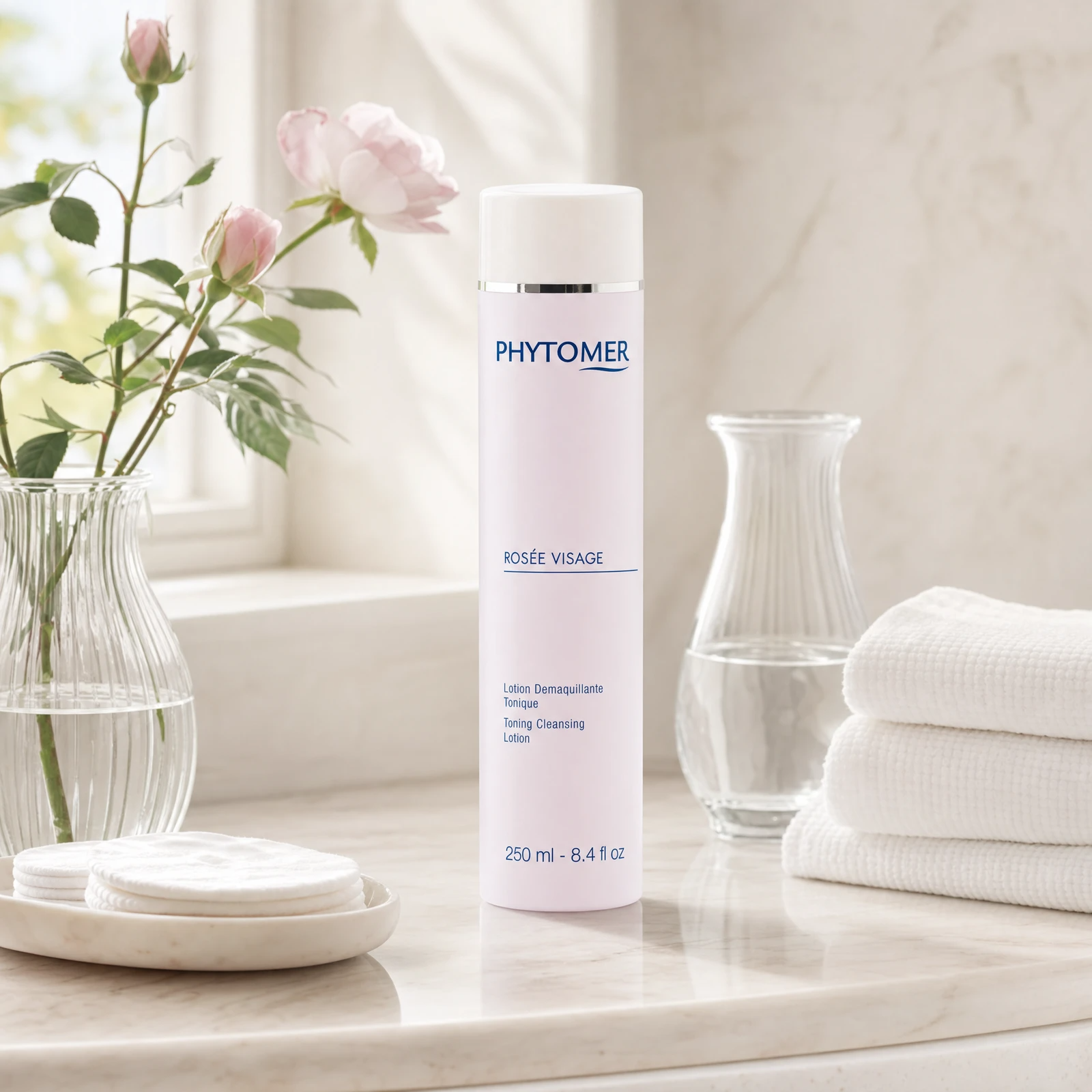 Phytomer Rosee Visage Toning Cleansing Lotion 250ml on a marble bathroom vanity with cotton pads, white towels, glass vessel and fresh rose, premium at-home skincare setting