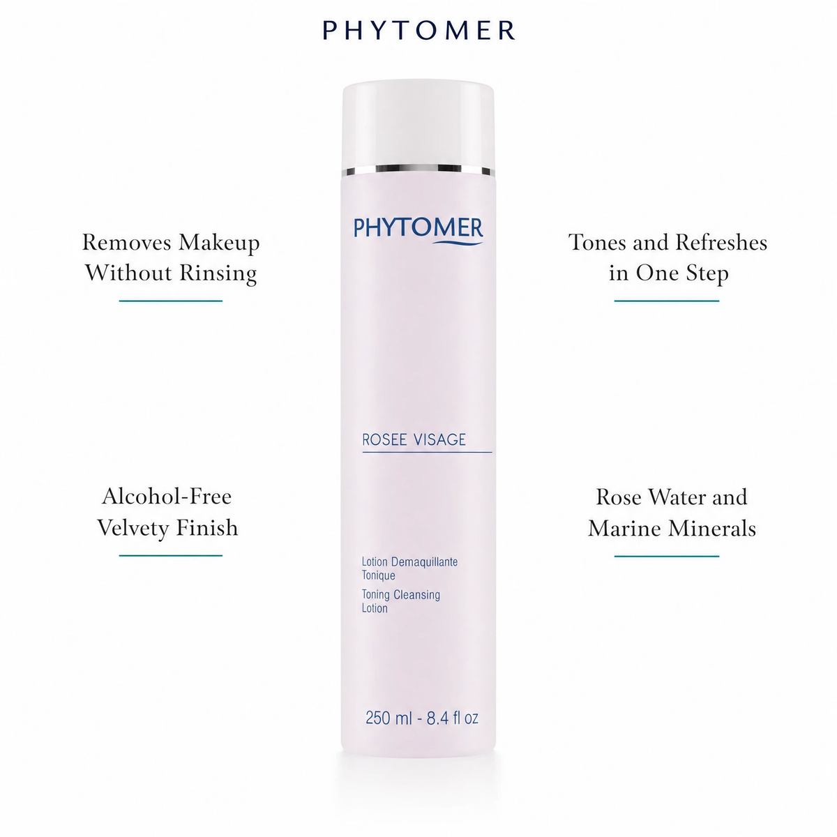 Phytomer Rosee Visage Toning Cleansing Lotion 250ml with four benefit callouts: Removes Makeup Without Rinsing, Tones and Refreshes in One Step, Alcohol-Free Velvety Finish, Rose Water and Marine Minerals
