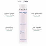 Phytomer Rosee Visage Toning Cleansing Lotion 250ml with four benefit callouts: Removes Makeup Without Rinsing, Tones and Refreshes in One Step, Alcohol-Free Velvety Finish, Rose Water and Marine Minerals