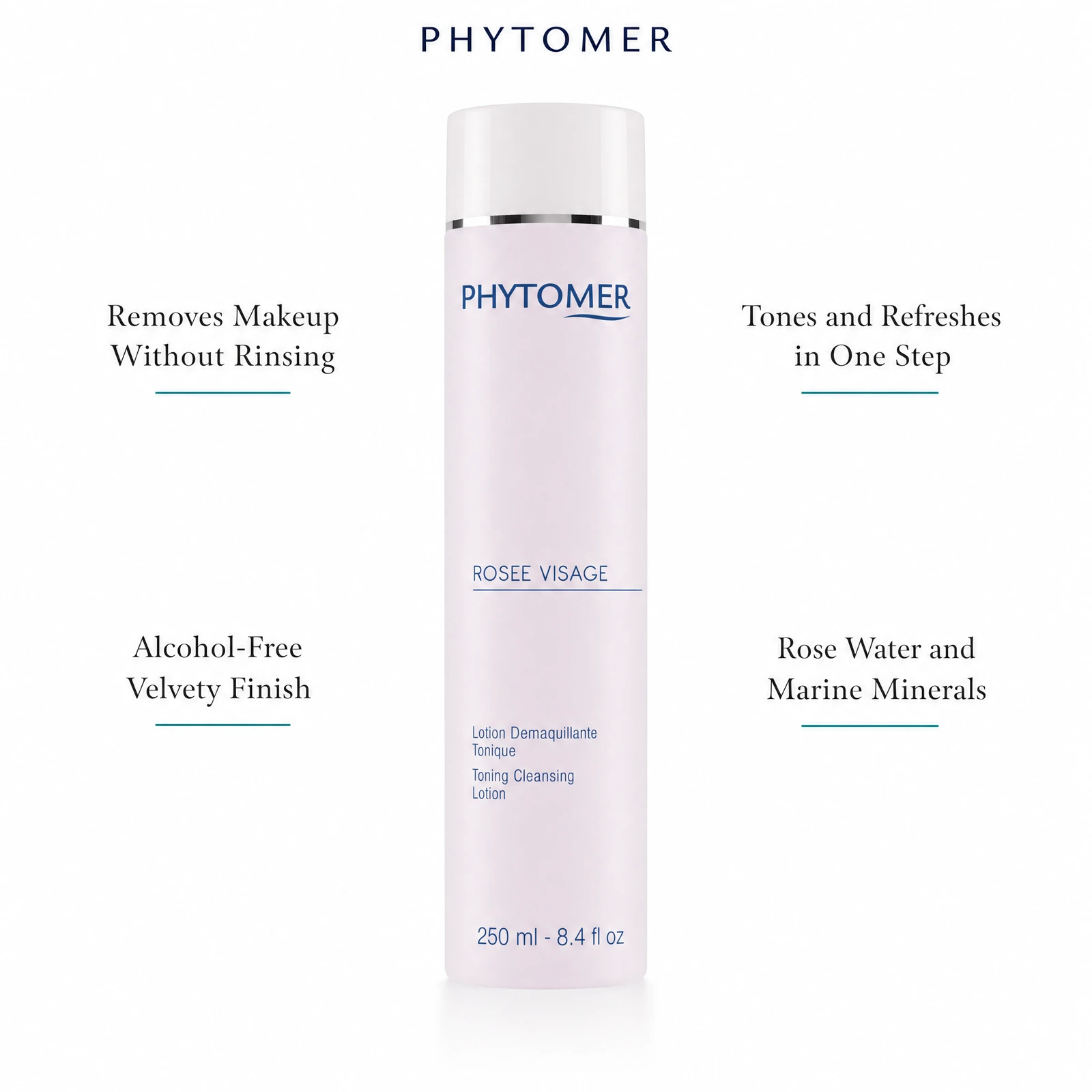 Phytomer Rosee Visage Toning Cleansing Lotion 250ml with four benefit callouts: Removes Makeup Without Rinsing, Tones and Refreshes in One Step, Alcohol-Free Velvety Finish, Rose Water and Marine Minerals