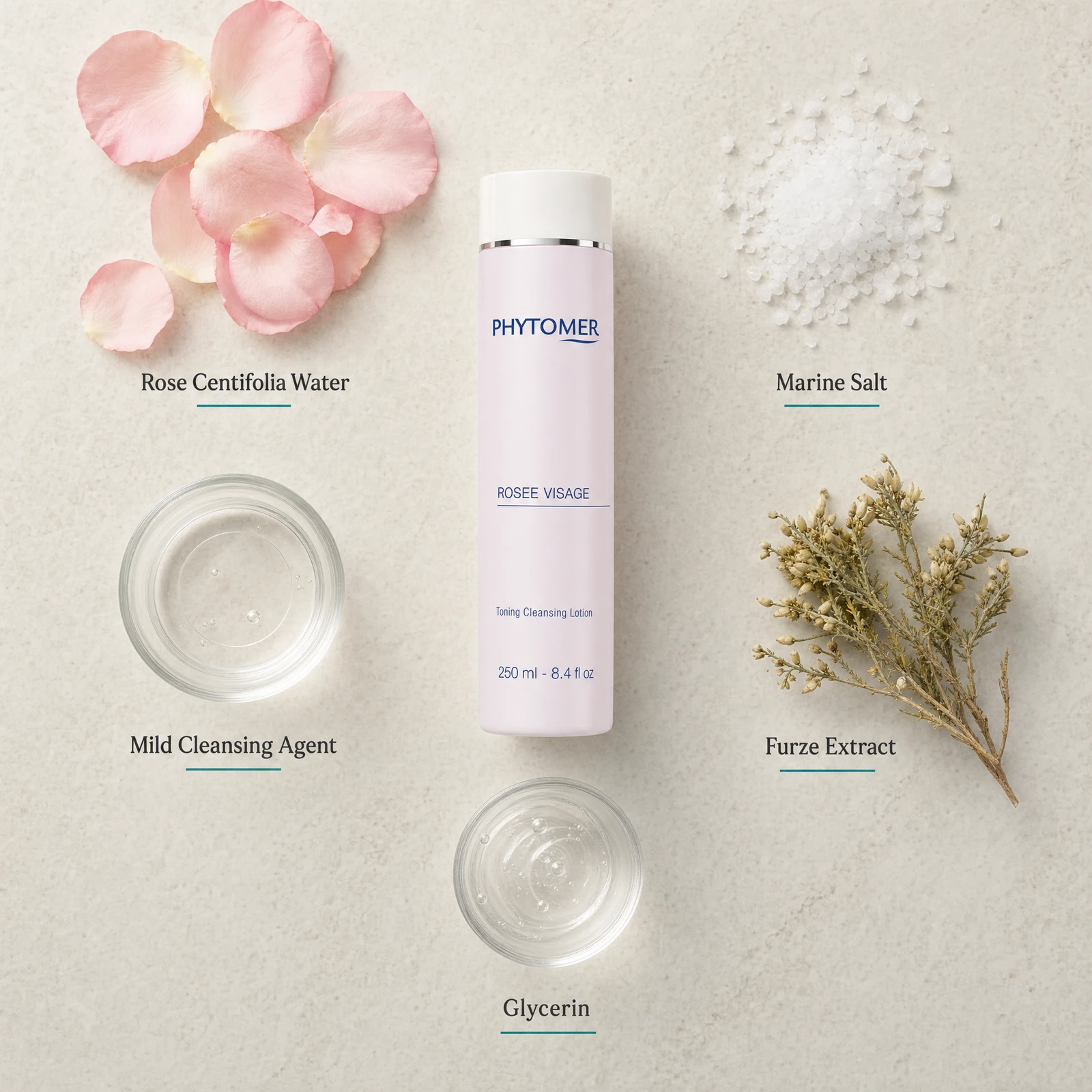Phytomer Rosee Visage Toning Cleansing Lotion 250ml flatlay on limestone surface with Rose Centifolia Water, Marine Salt, Mild Cleansing Agent, Furze Extract, and Glycerin
