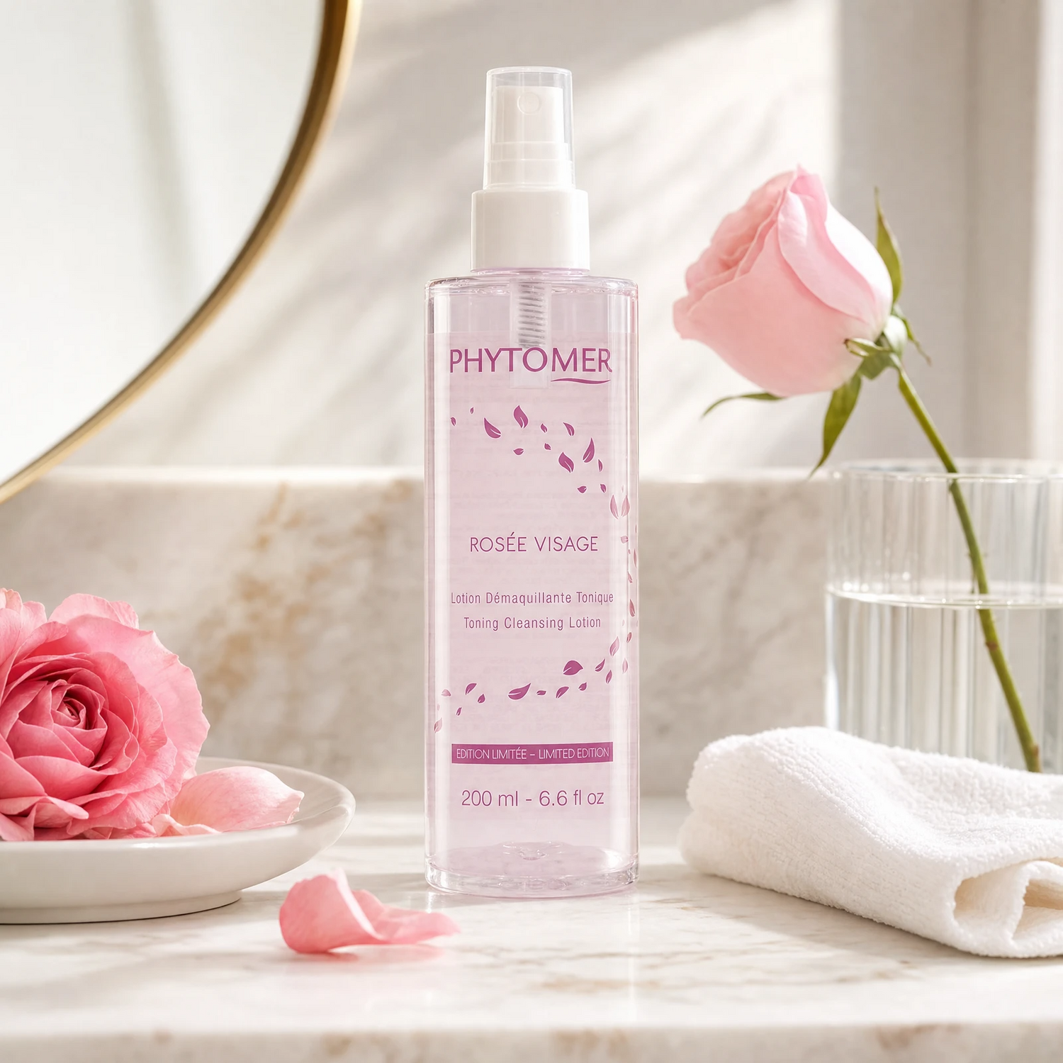 Phytomer Rosée Visage Toning Cleansing Lotion Mist Limited Edition 200ml on a marble bathroom counter with fresh pink rose in ceramic dish, scattered rose petals, rose in ribbed glass vase, white waffle towel and gold round mirror, premium at-home skincare setting