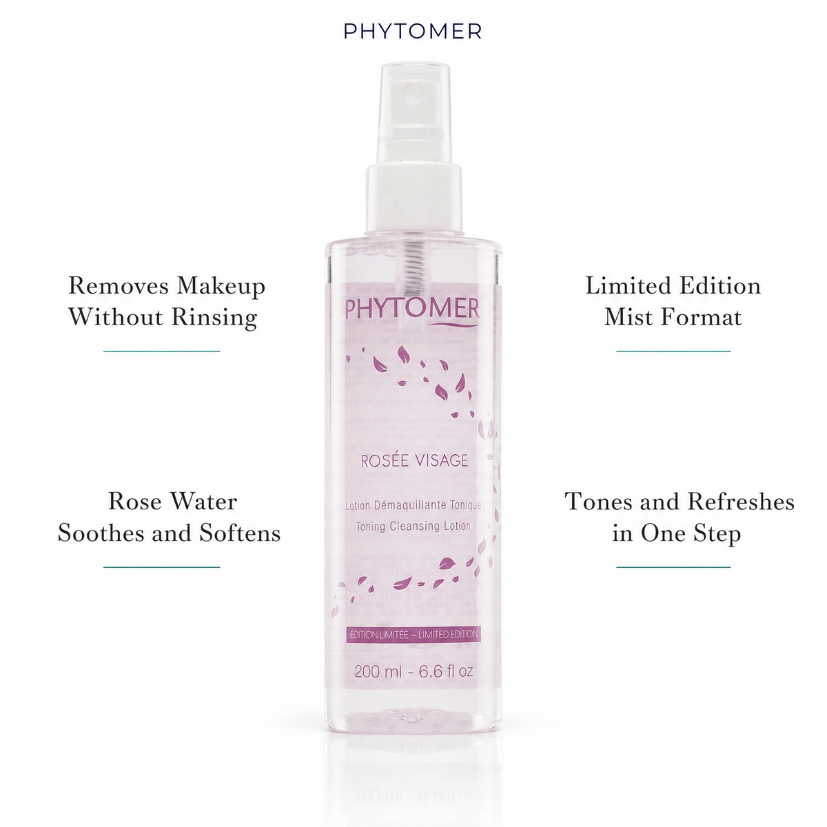 Phytomer Rosée Visage Toning Cleansing Lotion Mist Limited Edition 200ml with four benefit callouts: Removes Makeup Without Rinsing, Rose Water Soothes and Softens, Limited Edition Mist Format, Tones and Refreshes in One Step