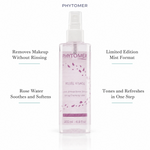 Phytomer Rosée Visage Toning Cleansing Lotion Mist Limited Edition 200ml with four benefit callouts: Removes Makeup Without Rinsing, Rose Water Soothes and Softens, Limited Edition Mist Format, Tones and Refreshes in One Step