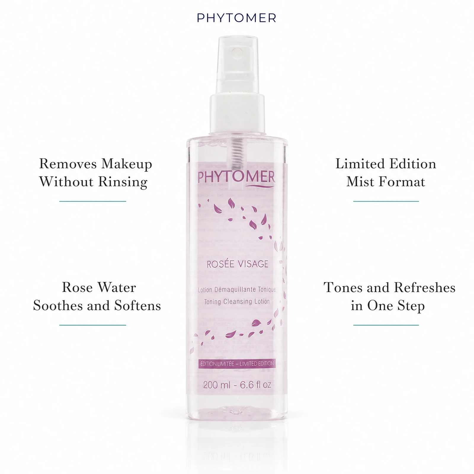 Phytomer Rosée Visage Toning Cleansing Lotion Mist Limited Edition 200ml with four benefit callouts: Removes Makeup Without Rinsing, Rose Water Soothes and Softens, Limited Edition Mist Format, Tones and Refreshes in One Step