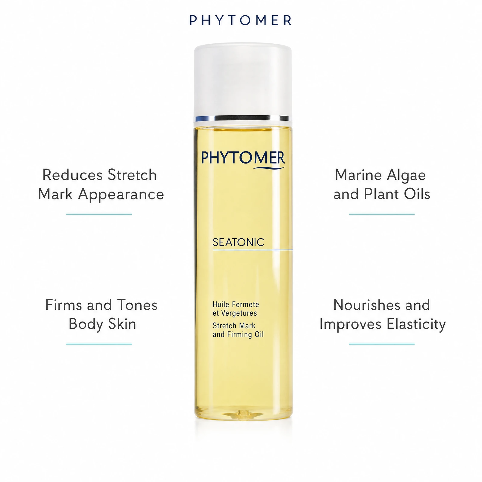 Phytomer Seatonic Stretch Mark and Firming Oil 125ml with four benefit callouts: Reduces Stretch Mark Appearance, Firms and Tones Body Skin, Marine Algae and Plant Oils, Nourishes and Improves Elasticity