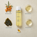 Phytomer Seatonic Stretch Mark and Firming Oil 125ml flatlay on limestone surface with Sea Buckthorn Oil, Sweet Almond Oil, Laminaria Digitata, Rosehip Seed Oil, and Vitamin E