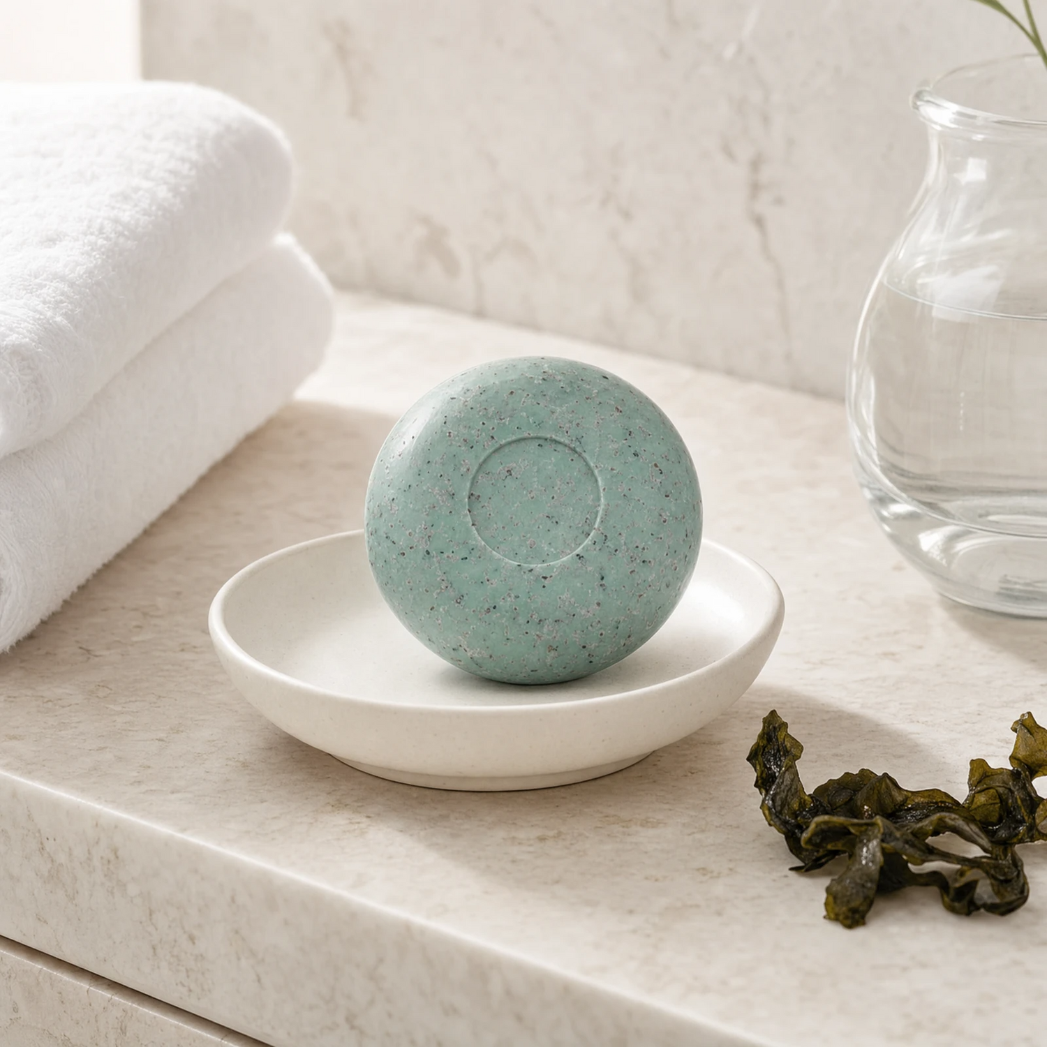 Phytomer Seaweed Soap 150g on a white ceramic soap dish on a marble bathroom vanity with white towels, glass vessel and dried seaweed, premium at-home bathroom setting