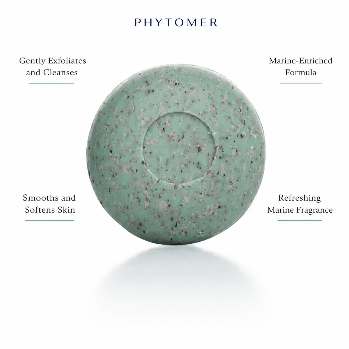 Phytomer Seaweed Soap 150g with four benefit callouts: Gently Exfoliates and Cleanses, Smooths and Softens Skin, Marine-Enriched Formula, Refreshing Marine Fragrance