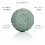 Phytomer Seaweed Soap 150g with four benefit callouts: Gently Exfoliates and Cleanses, Smooths and Softens Skin, Marine-Enriched Formula, Refreshing Marine Fragrance