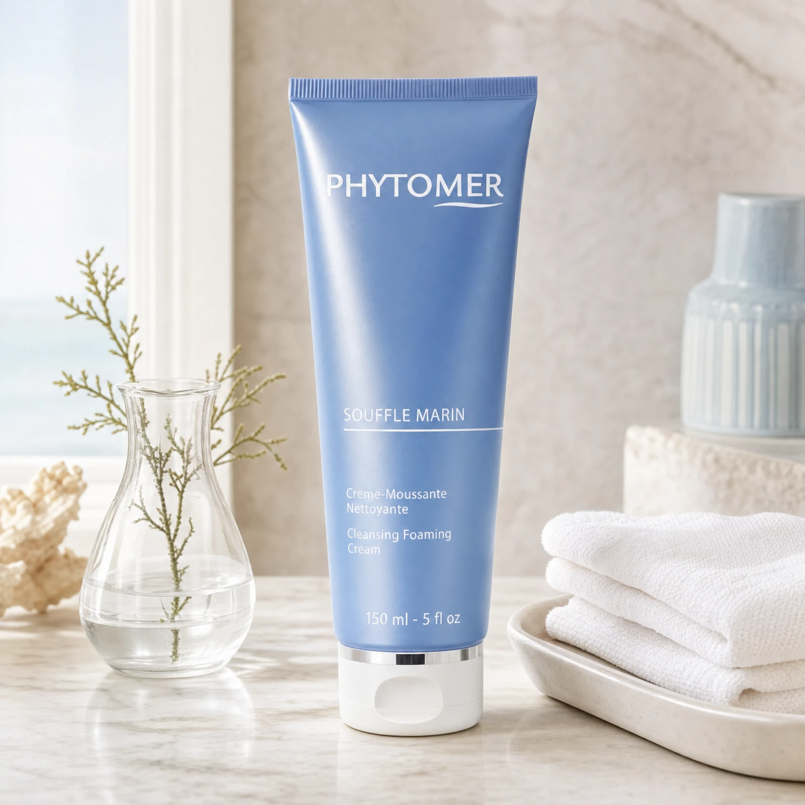 Phytomer Souffle Marin Cleansing Foaming Cream 150ml on a marble bathroom vanity with glass vessel, coastal botanical, white towels and ceramic tray, premium at-home skincare setting