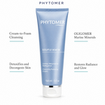 Phytomer Souffle Marin Cleansing Foaming Cream 150ml with four benefit callouts: Cream-to-Foam Cleansing, Detoxifies and Decongests Skin, OLIGOMER Marine Minerals, Restores Radiance and Glow