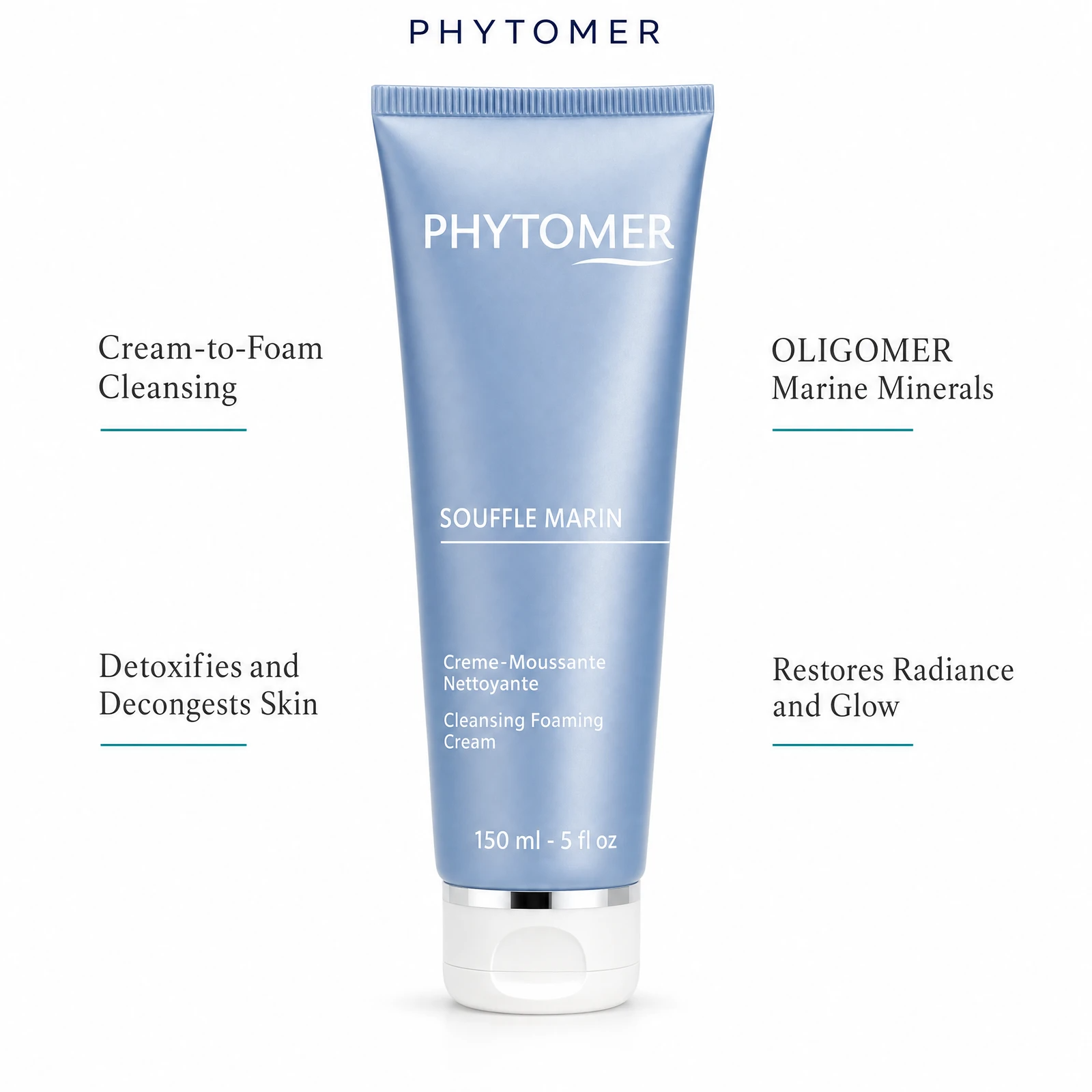 Phytomer Souffle Marin Cleansing Foaming Cream 150ml with four benefit callouts: Cream-to-Foam Cleansing, Detoxifies and Decongests Skin, OLIGOMER Marine Minerals, Restores Radiance and Glow