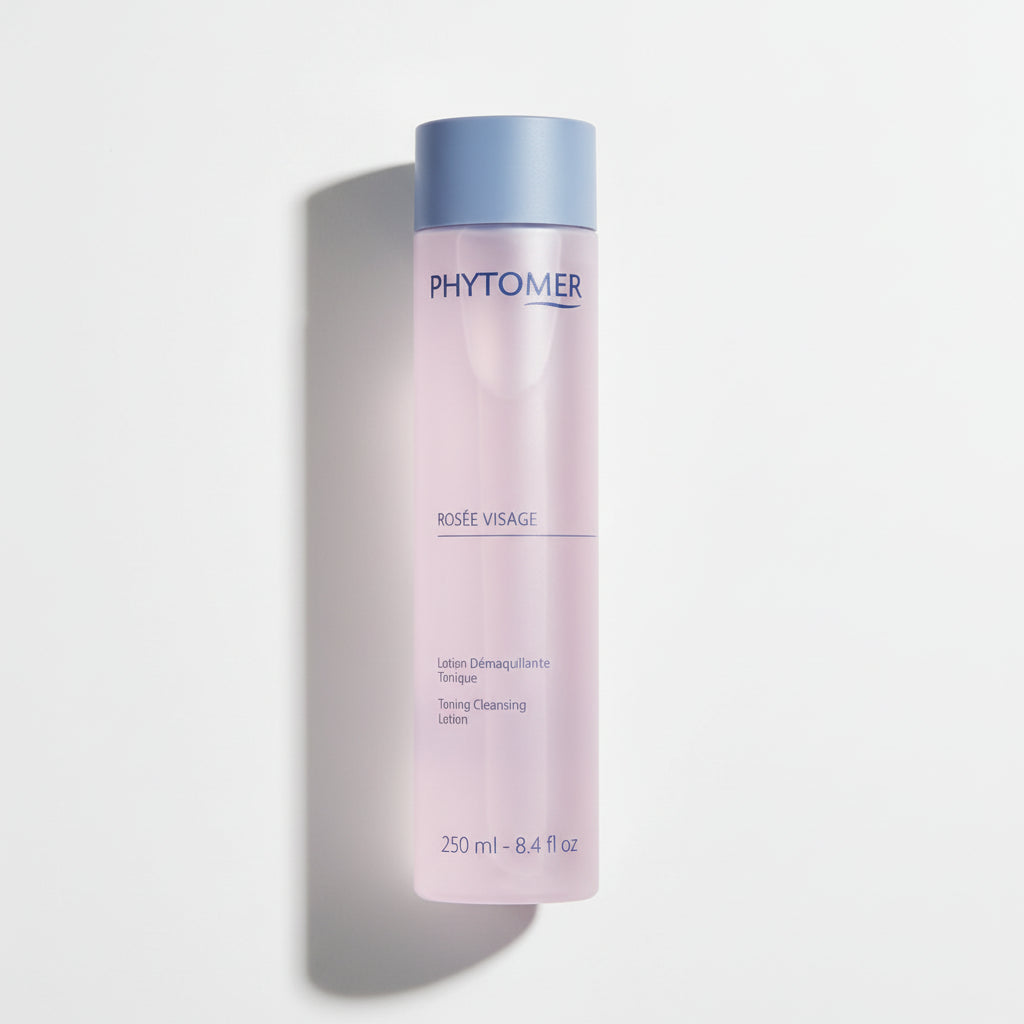 PHYTOMER Rosee Visage Toning Cleansing Lotion - 250ml in a tall, light pink bottle with a light blue cap, shown on a white background with a soft shadow.