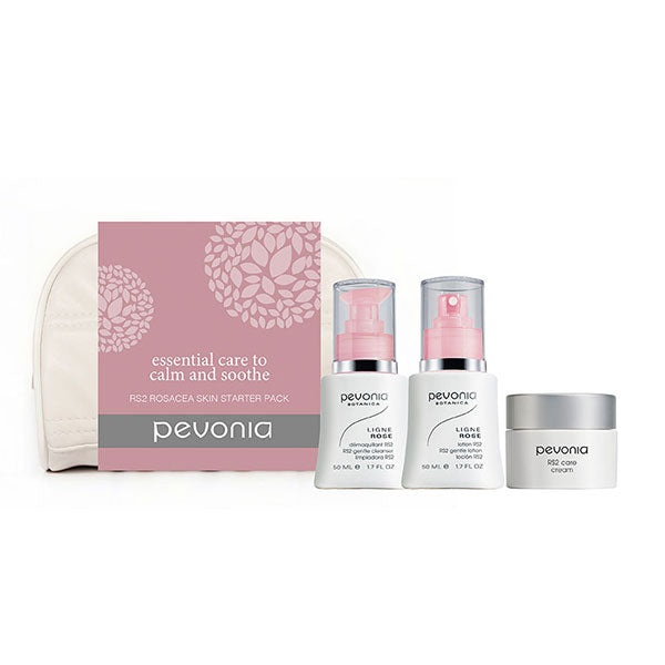 Pevonia RS2 Rosacea Skin Starter Kit, including RS2 Gentle Cleanser, Lotion, and Cream, displayed with packaging.