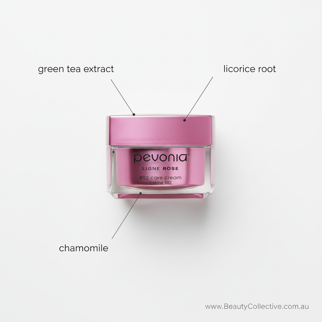 Pink Pevonia cream jar with labeled ingredients on a white background