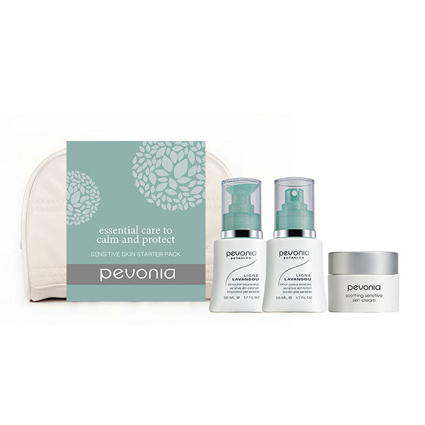 Pevonia sensitive skin starter kit, including a cleanser, lotion, and cream, with packaging that indicates it is for sensitive skin care.