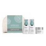 Pevonia sensitive skin starter kit, including a cleanser, lotion, and cream, with packaging that indicates it is for sensitive skin care.