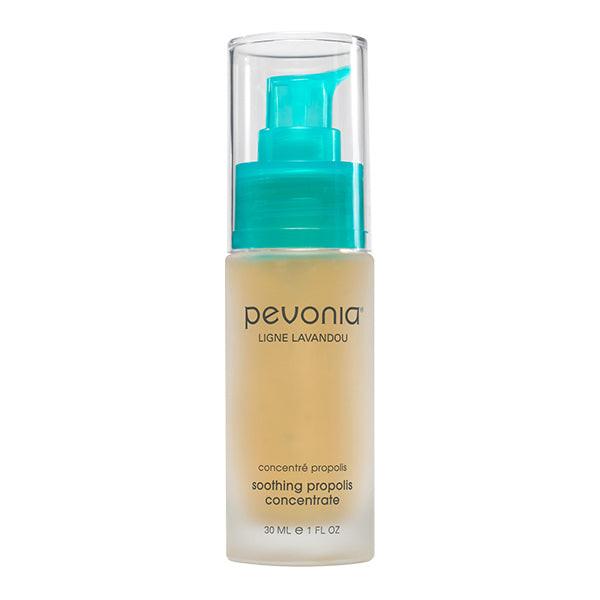 Pevonia skincare product with a clear bottle and teal pump on a white background